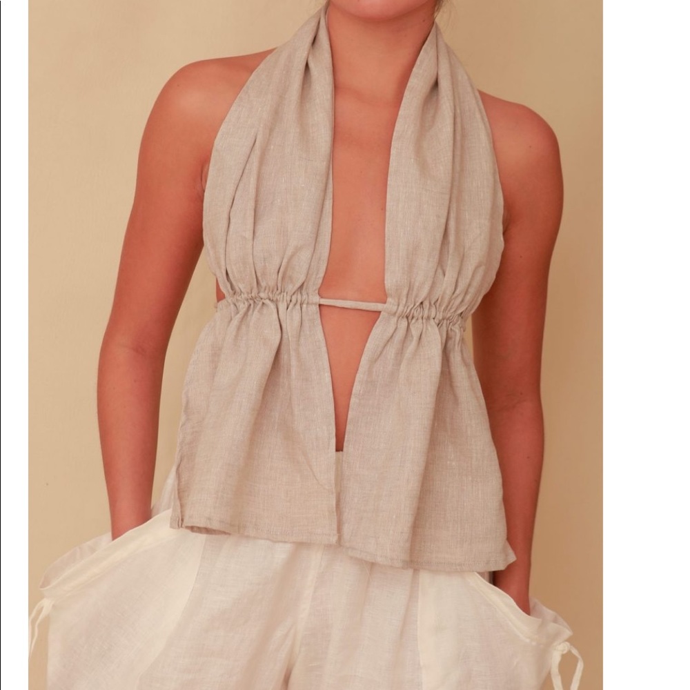 Neutral Halter Drawstring Linen Top - Women